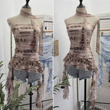 Real Shooting Spice Girls Irregular Lotus Leaf Side Ribbon With Non-Slip Strip Mesh Printing Chest Vest 8037
