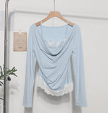 Y01 Autumn Fake Two Lace Lace Collar Folding Long Sleeves Slimming Bottom T-Shirt Blouse Female 2532