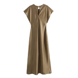 Spring 2025 New Women's Silk Silk Texture Solid Color Sleeveless Long Fan Flute Dress Woman