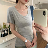 Simple V-Neck Slime Short-Sleeved T-Shirt For Women 2025 Spring And Summer New Ins Shoulder Black Casual Thin Top