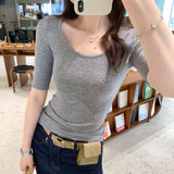Lyselle Tiansi Giant Good-Looking Slim U-Necked Middle-Sleeved T-Shirt Girl 2025 Summer Thin Luxury High-End Feeling Small Blouse