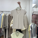 Hot Sales Simple Solid Color T-Shirt Girl Xia Slimming Fashion Big U Collar Short Elastic Bottom Top