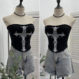 Thorn Cross Print Chest Vest Sling Female With Chest Cushions Anti-Slip Strip Short Babes Top 1298