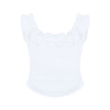 French Retro Wooden Ear In The Word Shoulder T-Shirt Girls Summer Irregularly Repair Waist Short Shoulder Tat