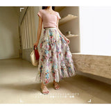 Irregular Splicing Color Flower Mesh Dress Dress Woman 2025 Summer French Fairy Temperament A-Shaped Skirt Cake Skirt Skirt