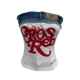 Slap Strap Thai Babes Letter Print Tat T-Shirt On The T-Shirt With Blouse On The T-Shirt With Denim Splicing Short-Term Vest 23098