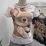 Rabbit Print Wave Point Double-Layer Mesh Yarn Short-Sleeved T-Shirt Girl Summer Hottie Fake Two Thin Tops 1591
