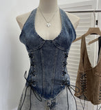 Real Shooting Cowboy Hanging Neck Sling Vest Punk Hollow Strap Y2k Hottie Sleeveless Short Repair Body Dress 835