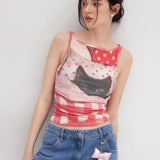 Design Fun And Playful Cat Print Sleeveless Sling Vest Women Summer Sweet Hot Girl Clad