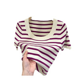 Striped Knitted Short Sleeve Fresh Sweet Simple Design Small Top Lady 2025 Summer New Fashion