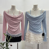 Y01 Autumn Fake Two Lace Lace Collar Folding Long Sleeves Slimming Bottom T-Shirt Blouse Female 2532