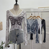Solid Shot Micro-Permeable Mesh Butterfly Print Splicing Lace Hanging Neck Horn Long-Sleeved T-Shirt Repair Short Top 1286