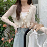 2025 Summer New Korean Version Of Sweet Lace Strap Design Sunscreen Knit Long-Sleeved Cardigan Women's Top