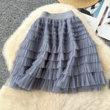 Hepburn Style Simple Solid Color Mesh Dress High Waist Tight Thin Design Careful Hot Girl Cake Skirt