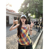 Sweet Babes Color Lattice Sling Vest Women Summer Niche Design Sense Irregular Waist Chic Outside To Wear Clothes
