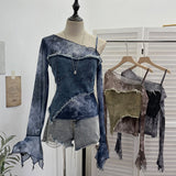 Slanted Shoulder Sling Screen Splicing Irregular Cowboy Horn Long Sleeve Top Short T-Shirt 2789