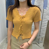 Wooden Ear Knitted Shirt V Tie With Collarbone Summer New High-Waisted Women Decorate Slim Short-Sleeved T-Shirt Tide