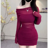 Sexy Hottie Style Long Sleeve Mesh Two Sets Of Women's Spring New Body Repair Micro-Permeable Hip Skirt