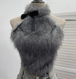 Real-Shot Bow Decorative Hair Splicing Elastic Hanging Neck Vest Outside Wearing Hairy Short Grinding Coat 2791