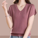 2026 Summer Loose New V-Neck Stripe Simple Short-Sleeved Knitted Shirt Women Large Size Thin Leisure