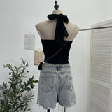 Hanging Neck With Chest Cushions Showing Body Sling Vest Short Sleeveless Top Lady 9287