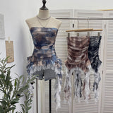 Dizzly Dyed Mesh Printing With Anti-Slip Striped Chest Vest Splicing Lace Irregular Ribbon Belt 7231