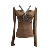 Real Shooting Heavy Industry Drill Hanging Neck With A Word Shoulder Long-Sleeved Top Repair Slim Short-Bottomed T-Shirt