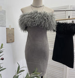 Real Shooting Hottie Shoulder Hair Spliced Deer Skin Velvet Tector Tan Dress Folded Ass And Hip Skirt 8878