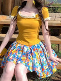 Dopamine Yellow U Collar Top Shredded Flower Skirt Suit Women Summer Age Reduction Thin Holiday Wind Two Sets Of Women