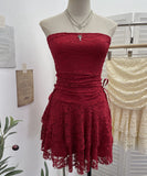 Real Shooting Retro Lace Spell To Receive Waist-Meared Tective Dress Sexy Collared Cake Dress Small Man Short Dress 1272