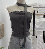 Lace Side Splicing Suit Single Buckle Jacket Head Ribbon Bra Strap Bra With Chest Pad Short Top 8129
