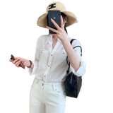 Korean Version Of White Collar Shirt Female Long Sleeve Double Pocket Metal Buckle Commuting Temperament Blouse