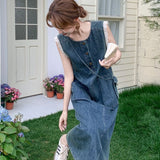 Korean Chic Lace Splicing Sleeveless Dress 2026 Summer Thin Temperament Fashion Retro Denim Dress Dress