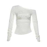Thailand Southeast Asian Trend Temperament Hot Girl Style Black Hot Diamond Long Sleeve T-Shirt Women Collar Off Shoulder Repair Body