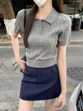 Vintage College Style Polo Collar Button Shoulder Sesame Short-Sleeved T-Shirt Women's Summer Age Repair Short-Term Collar Top