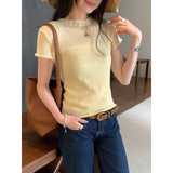 Yellow Splicing Shoulder Short-Sleeved Wool Knitted Shirt Women's Summer 2026 New Dress Short Blouse