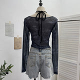 Hanging Neck Tie With Fake Two-Piece Mesh Printed Long-Sleeved Top Irregular Folding Repair Short T-Shirt 8877