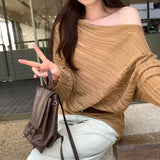 Autumn Lazy Wind Shoulder-Slanted Shoulder Long-Sleeved Knitted Shirt Woman 2025 New Korean Atmosphere Wearing A Small Top