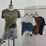 Solid Shooting Denim Splicing Mesh Yarn Short-Sleeved T-Shirt Summer Dress Irregularly Short High-Waist Repair Body Coat 26171