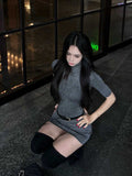 Grey Half-Necked Short-Sleeved Knitted Dress Girl Spring Body Repair Dress Sister Babes Hip Skirt