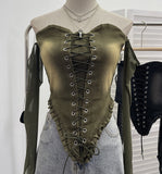 Hottie Sexy Tset Blouse Irregular Cowboy Splicing Mesh Yarn Tie With Short T-Shirt 6105