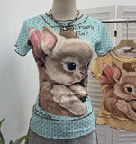 Rabbit Print Wave Point Double-Layer Mesh Yarn Short-Sleeved T-Shirt Girl Summer Hottie Fake Two Thin Tops 1591
