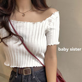 White Top Women's Tide 2025 Summer Korean Version Of The New Shoulder Short-Sleeved T-Shirt