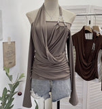 Real Shooting Hottie Shoulder Bead Hanging Neck Cross-Neck Wrinkles Two Long-Sleeved Tops To Repair T-Shirt 2861