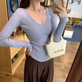 Korean Gentle Sweet Pink V-Neck Long-Sleeved Knitted Women 2025 Autumn New Repair In A Small Top
