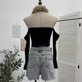 Real Shooting Leopard-Print Hair Hanging Neck High Shoulder Long-Sleeved T-Shirt Female Spliced Retro Hottie Short Top 2812-1