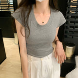 2026 Early Spring Basic U-Neck Shoulder Short-Sleeved T-Shirt Women's Summer Elastic Bottom Shirt Slim Slim Simple Top