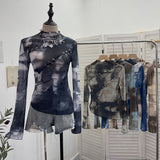 Pure Want To Play The Bottom Of The Long-Sleeved T-Shirt Design Hollow Print Irregular Mesh Yarn Personality Hottie Top 2629