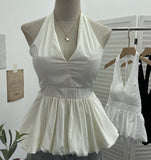 French Retro Hanging Neck Tie With Bare Back Sling Skirt Folded Short Sleeveless Top Woman 9225