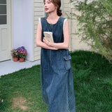 Korean Chic Lace Splicing Sleeveless Dress 2026 Summer Thin Temperament Fashion Retro Denim Dress Dress
